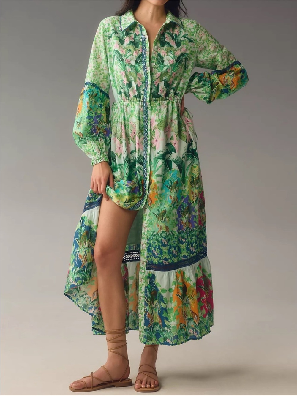 By Anthropologie Long-Sleeve Printed Maxi Shirt Dress in Green